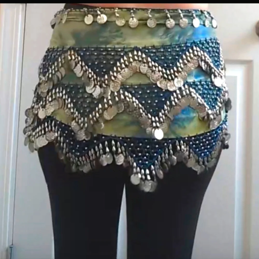Blue and Green Belly Dance Hip Scarf with Silver Accents - Picture 3 of 5